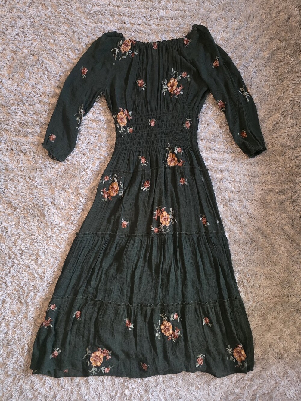 Fig & Flower Anthropologie Olive Green Embroidered Peasant Boho Maxi Dress Sz M - Picture 9 of 10